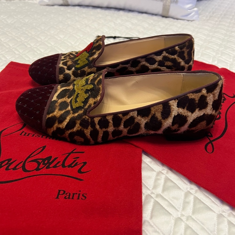 Christian Louboutin Leopard Print Embroidered Flats with Red & Green Accents - Picture 4 of 12